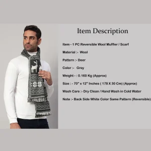 Men's Grey Wool Scarf Reversible Deer Muffler - Image 8