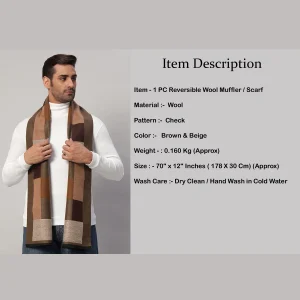 Men's Wool Scarf Brown & Beige Check Muffler 70"x12" - Image 8