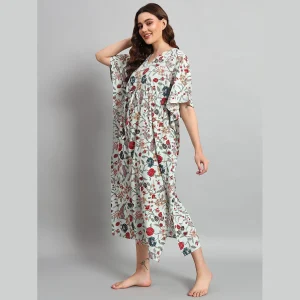 Mint Green Floral Printed Long Kaftan Women Dress - Image 3