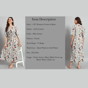 Mint Green Floral Printed Long Kaftan Women Dress - Image 7