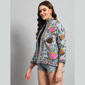 Winter Clothing Grey Floral Suzani Jacket For Women's - Image 4