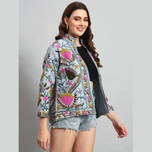 Winter Clothing Grey Floral Suzani Jacket For Women's - Image 5