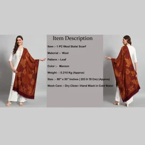 Women Maroon Soft Wool Leaf Stole - Image 8