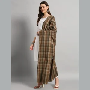 Women Oversized Wrap Green & Brown Wool Shawl - Image 5