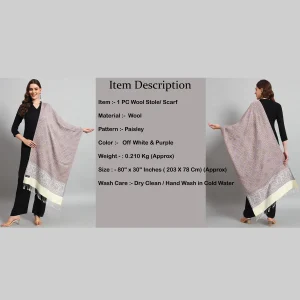 Women Purple Paisley Soft Wool Stole 80"x30" - Image 8