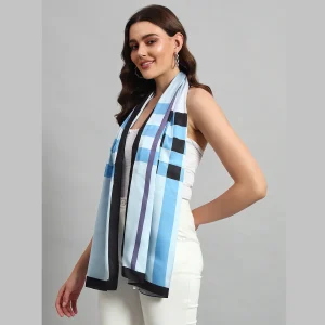Women Rectangle Casual Scarf Turquoise Striped - Image 3