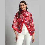 Women Red Floral Print Neck Wrap Crepe Silk Scarf - Image 2