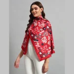Women Red Floral Print Neck Wrap Crepe Silk Scarf - Image 3
