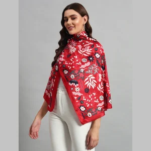 Women Red Floral Print Neck Wrap Crepe Silk Scarf - Image 3