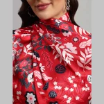 Women Red Floral Print Neck Wrap Crepe Silk Scarf - Image 4