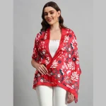 Women Red Floral Print Neck Wrap Crepe Silk Scarf
