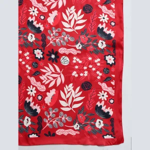 Women Red Floral Print Neck Wrap Crepe Silk Scarf - Image 7