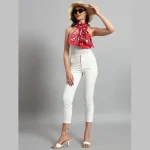 Women Red Floral Print Neck Wrap Crepe Silk Scarf - Image 5