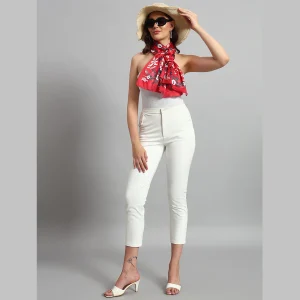 Women Red Floral Print Neck Wrap Crepe Silk Scarf - Image 5