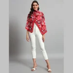 Women Red Floral Print Neck Wrap Crepe Silk Scarf - Image 6