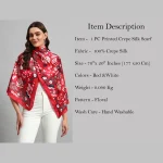 Women Red Floral Print Neck Wrap Crepe Silk Scarf - Image 8