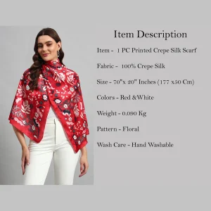 Women Red Floral Print Neck Wrap Crepe Silk Scarf - Image 8