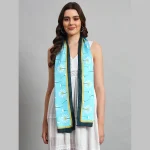 Women Turquoise Flower Print Neck Wrap Crepe Silk Scarf