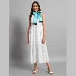 Women Turquoise Flower Print Neck Wrap Crepe Silk Scarf - Image 4