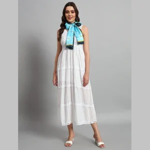 Women Turquoise Flower Print Neck Wrap Crepe Silk Scarf - Image 4