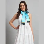 Women Turquoise Flower Print Neck Wrap Crepe Silk Scarf - Image 2