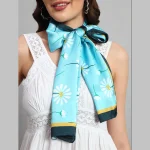 Women Turquoise Flower Print Neck Wrap Crepe Silk Scarf - Image 6