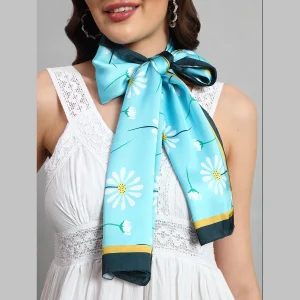Women Turquoise Flower Print Neck Wrap Crepe Silk Scarf - Image 6