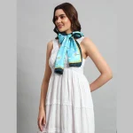 Women Turquoise Flower Print Neck Wrap Crepe Silk Scarf - Image 3