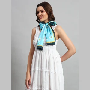 Women Turquoise Flower Print Neck Wrap Crepe Silk Scarf - Image 3