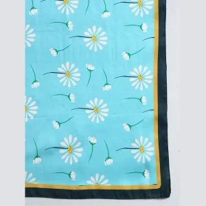 Women Turquoise Flower Print Neck Wrap Crepe Silk Scarf - Image 7