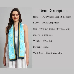 Women Turquoise Flower Print Neck Wrap Crepe Silk Scarf - Image 8