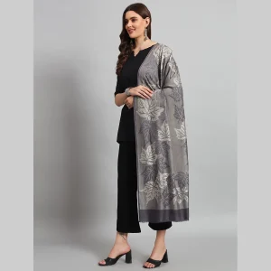 Women Winter Wrap Grey Leaf Stole - Image 4