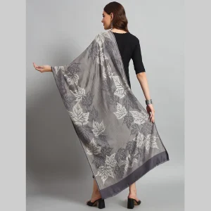 Women Winter Wrap Grey Leaf Stole - Image 7