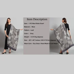 Women Winter Wrap Grey Leaf Stole - Image 8
