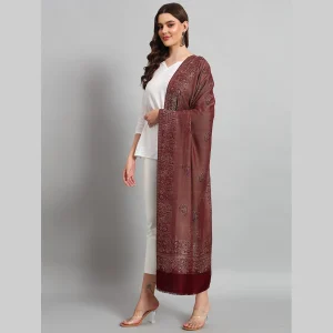 Women Wool Scarf Oversized Wrap Maroon Leaf Stole - Image 4
