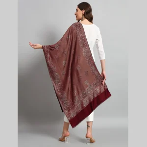Women Wool Scarf Oversized Wrap Maroon Leaf Stole - Image 7