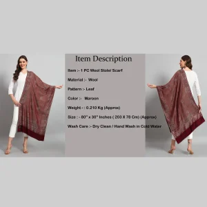 Women Wool Scarf Oversized Wrap Maroon Leaf Stole - Image 8