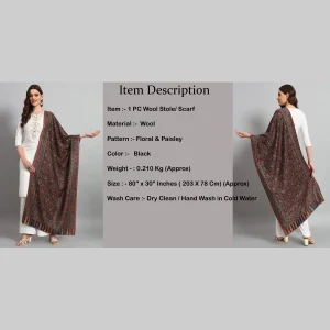 Women's Black Floral Soft Wool Stole 80"x30" - Image 8