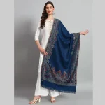 Women's Oversize Soft Wool Scarf Blue Floral Stole - Image 2