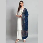 Women's Oversize Soft Wool Scarf Blue Floral Stole - Image 3