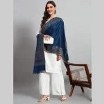Women's Oversize Soft Wool Scarf Blue Floral Stole