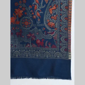 Women's Oversize Soft Wool Scarf Blue Floral Stole - Image 6