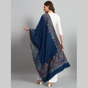 Women's Oversize Soft Wool Scarf Blue Floral Stole - Image 7