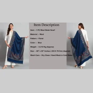Women's Oversize Soft Wool Scarf Blue Floral Stole - Image 8