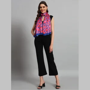 Women's Rectangle Satin Silk Neck Scarf Pink & Blue Floral - Image 5