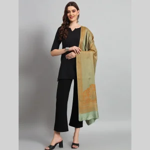 Women's Traditional Kashmiri Green Floral Wool Stole - Image 3