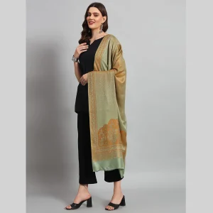 Women's Traditional Kashmiri Green Floral Wool Stole - Image 4