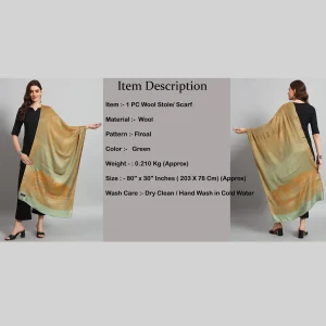 Women's Traditional Kashmiri Green Floral Wool Stole - Image 8