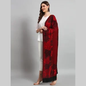 Women's Wool Scarf Pashmina Red & Black Leaf Stole - Image 3
