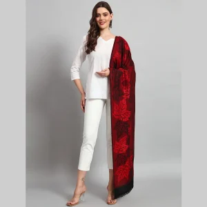 Women's Wool Scarf Pashmina Red & Black Leaf Stole - Image 4